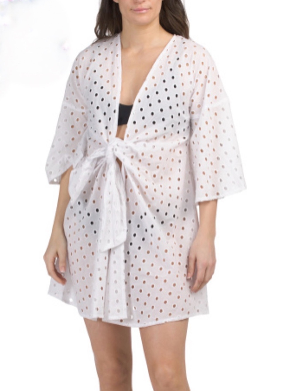 Cotton eyelet plunging V-neck quarter sleeve front knot swim Cover-up